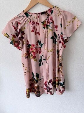 Pink Floral Pleated Flutter Sleeve Blouse